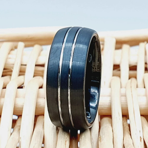 "Couble Groove Design Black Tungsten Wedding Band, GALTUN945 - Picture 1 of 4